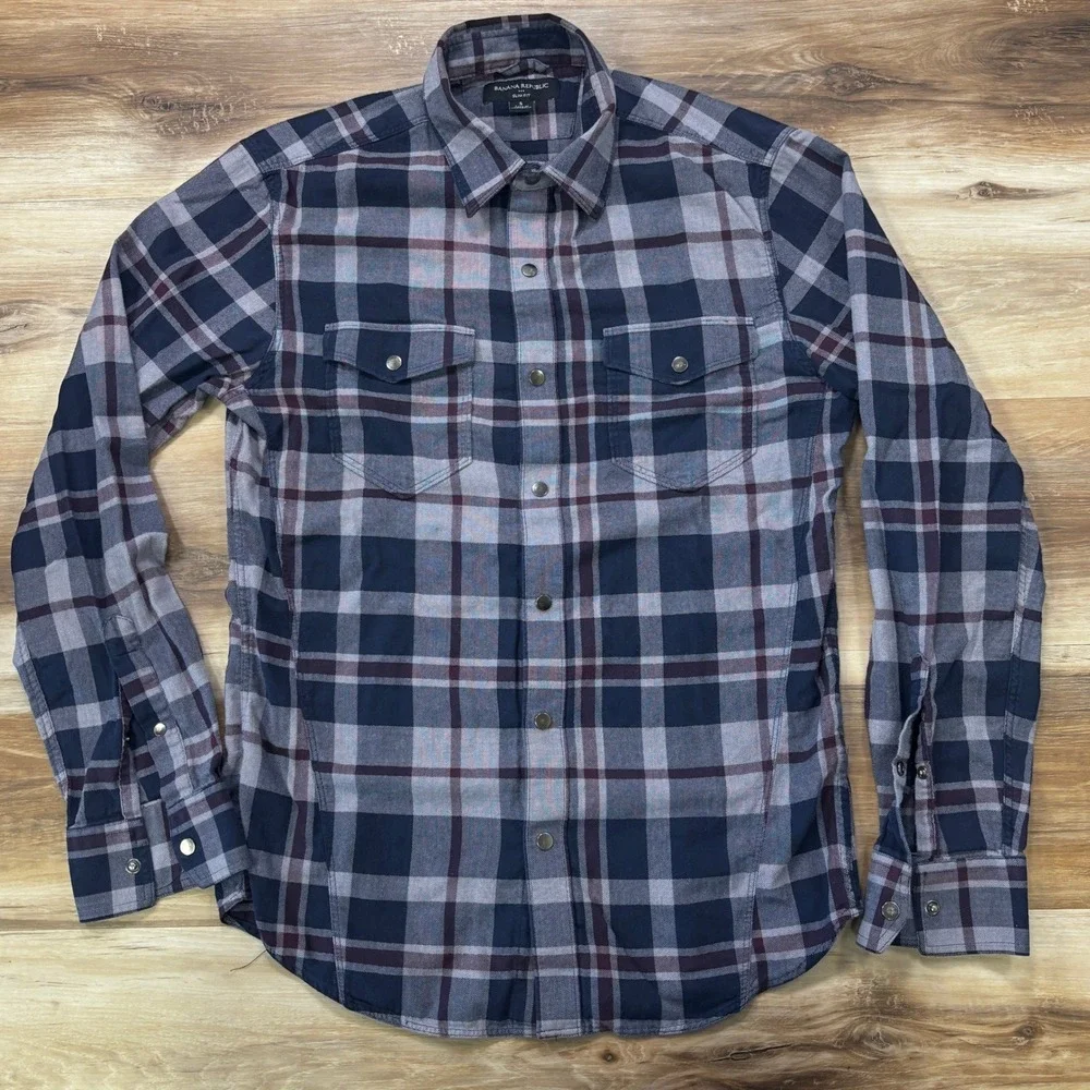 Banana Republic Flannel Shirt Small Mens Plaid Snap Button Slim Fit Blue Grey